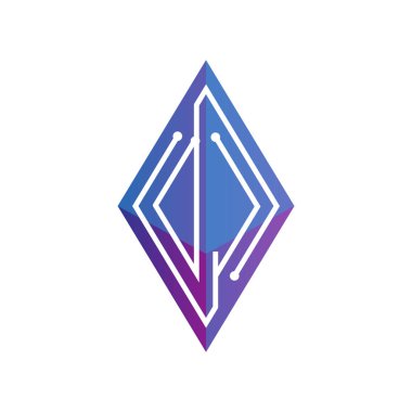 DJ ilk mektup blok zinciri logo simge vektör şablonu. Mono line devre mektup rhombus küp logosuna döngü