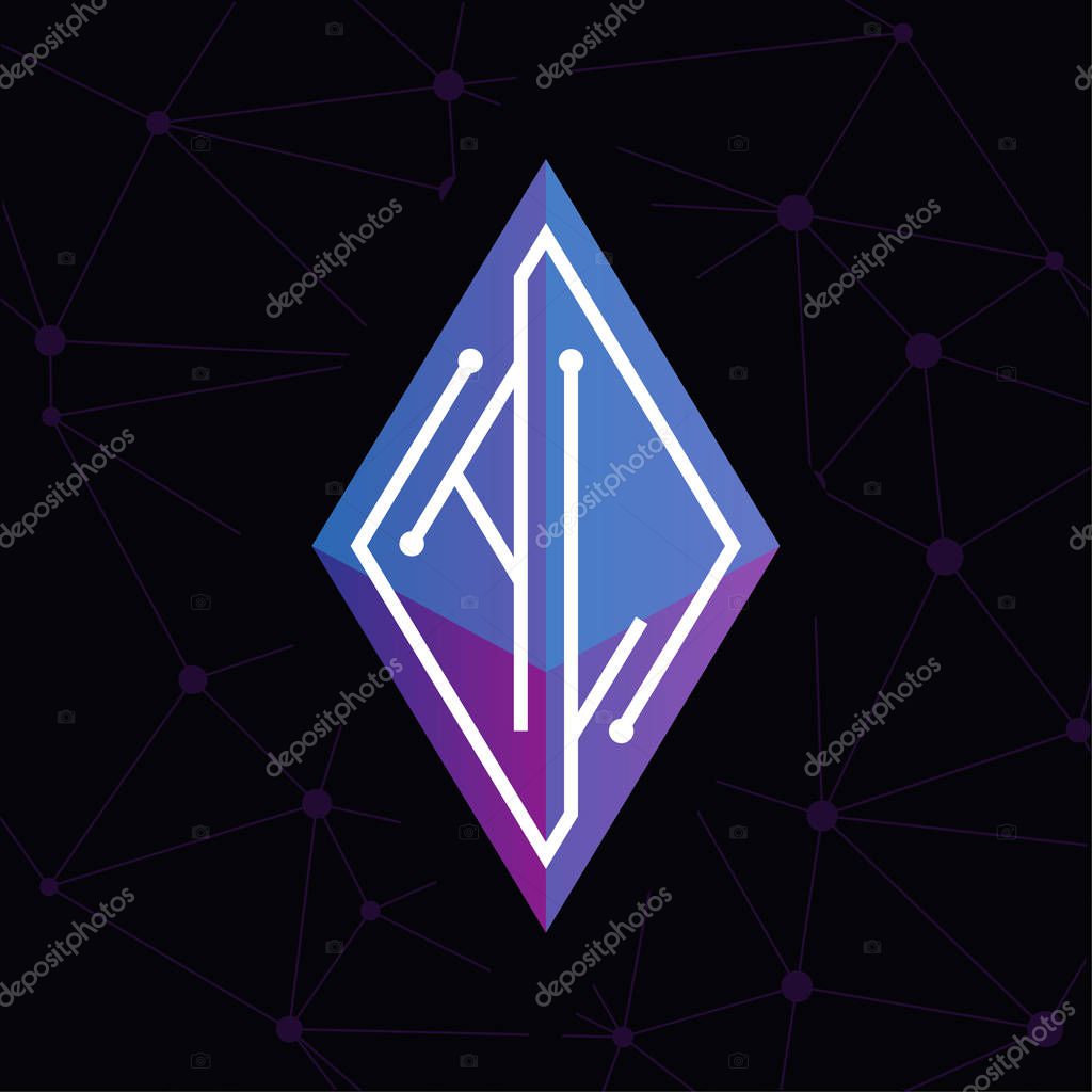 AL Initial letter block chain logo icon vector template. Looping mono line circuit letter on rhombus cube logo