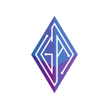 GA ilk mektup blok zinciri logo simge vektör şablonu. Mono line devre mektup rhombus küp logosuna döngü