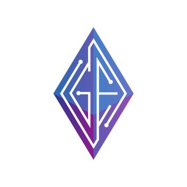 GE ilk mektup blok zinciri logo simge vektör şablonu. Mono line devre mektup rhombus küp logosuna döngü