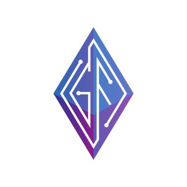 G F ilk mektup blok zinciri logo simge vektör şablonu. Mono line devre mektup rhombus küp logosuna döngü