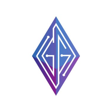 Gg ilk mektup blok zinciri logo simge vektör şablonu. Mono line devre mektup rhombus küp logosuna döngü