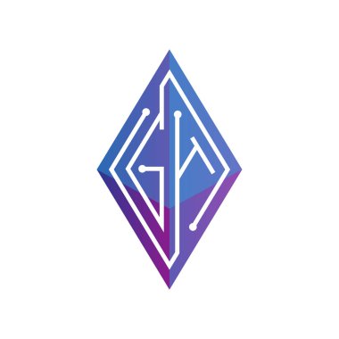 G H ilk mektup blok zinciri logo simge vektör şablonu. Mono line devre mektup rhombus küp logosuna döngü