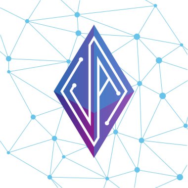 Ja ilk mektup blok zinciri logo simge vektör şablonu. Mono line devre mektup rhombus küp logosuna döngü