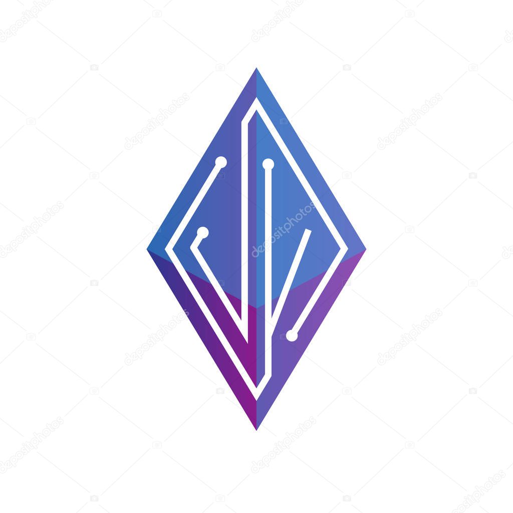 JV Initial letter block chain logo icon vector template. Looping mono line circuit letter on rhombus cube logo