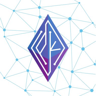 PK ilk mektup blok zinciri logo simge vektör şablonu. Mono line devre mektup rhombus küp logosuna döngü