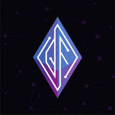 Q F ilk mektup blok zinciri logo simge vektör şablonu. Mono line devre mektup rhombus küp logosuna döngü