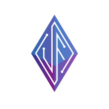 UF ilk mektup blok zinciri logo simge vektör şablonu. Mono line devre mektup rhombus küp logosuna döngü