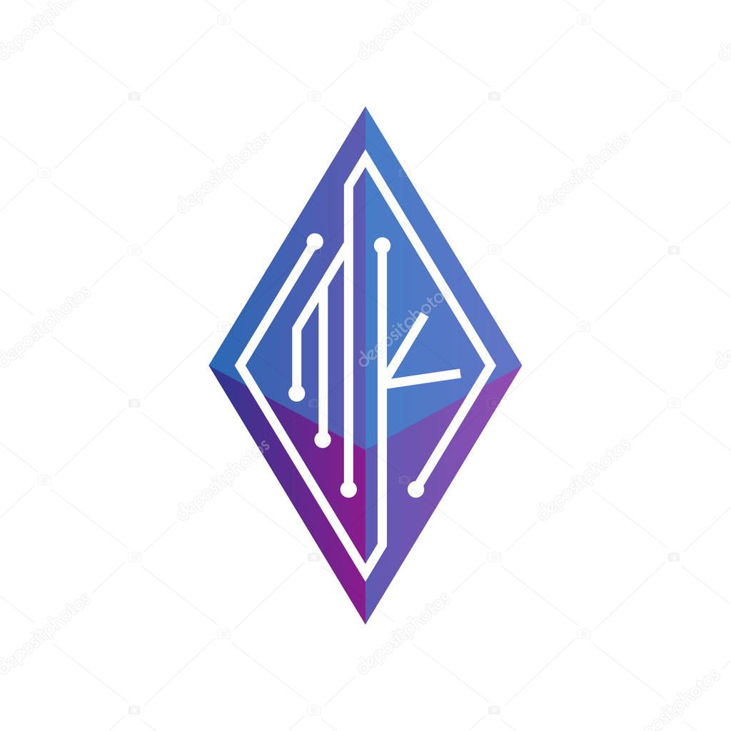 MK Initial letter block chain logo icon vector template. Looping mono line circuit letter on rhombus cube logo