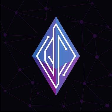 QC ilk mektup blok zinciri logo simge vektör şablonu. Mono line devre mektup rhombus küp logosuna döngü