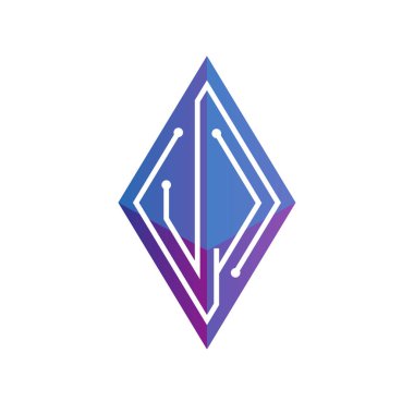 U J ilk mektup blok zinciri logo simge vektör şablonu. Mono line devre mektup rhombus küp logosuna döngü