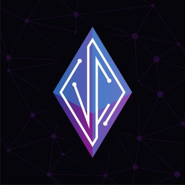 V C ilk mektup blok zinciri logo simge vektör şablonu. Mono line devre mektup rhombus küp logosuna döngü