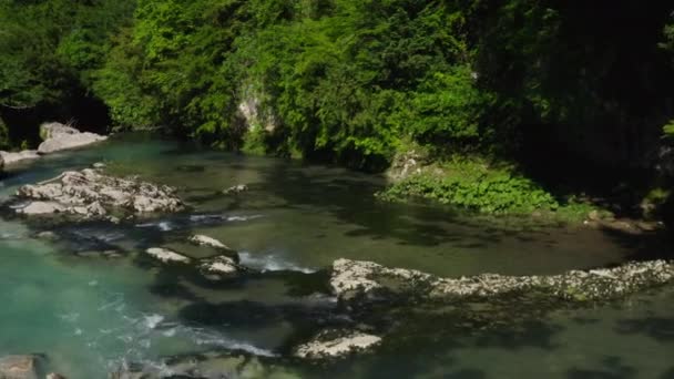 Πτήση Πάνω Από Ένα Ποτάμι Βουνό Ανάμεσα Θάμνους — Αρχείο Βίντεο