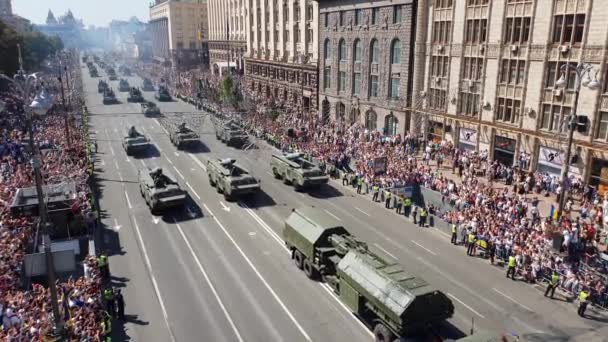 Ukrainian military vehicles drive during a military parade — Stock Video