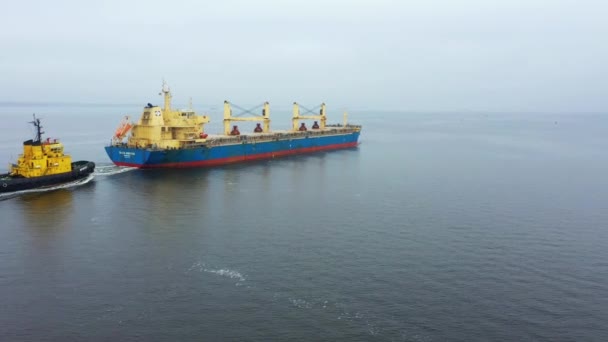 Cargo barge goes on a calm sea. Aerial view — Stock Video