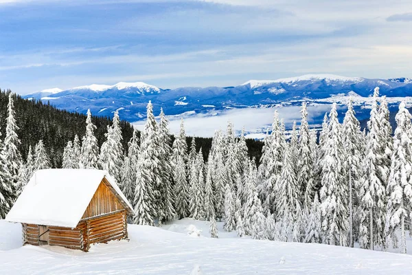 Cárpatos montanhoFantástica paisagem de inverno com casa de madeira em montanhas nevadas . — Fotografia de Stock