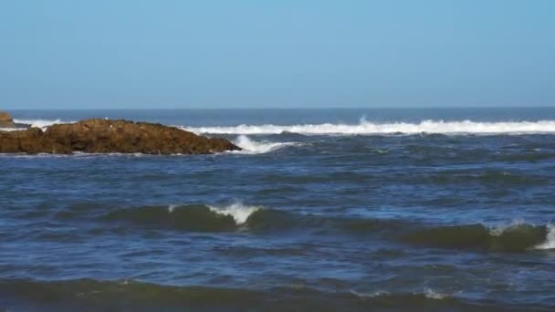 Ідеальний хвилі порушують перед скелястий берег пустелі Марокко - Атлантичний океан Африки — стокове відео
