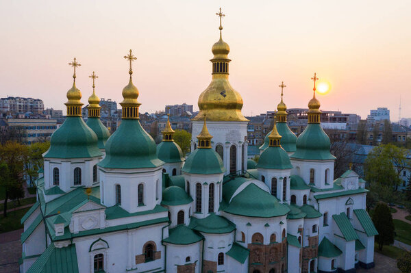 Aerial view of Sofievskaya Square and St. Sophia Cathedral in Kiev, Ukraine. Tourist Sight. Ukrainian baroque