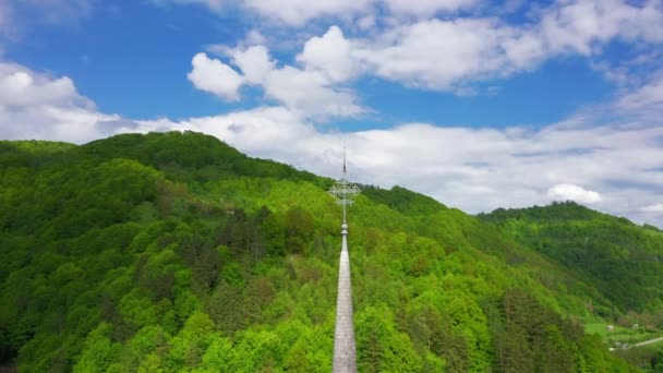 Aerial view over Barsana Monastery, Maramures - Romania. Wooden church UNESCO world heritage site — Stock Video