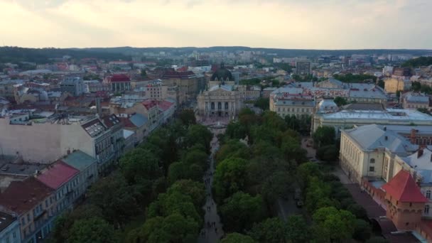 Aerial view of Lviv city center. Drone flies near City Hall. Ukraine, 4K — Stock Video