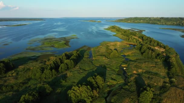 Vlucht van de camera over de rivier in het midden waarvan het eiland passeert — Stockvideo