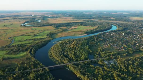 아름다운 홍수 초원과 강 홍수의 공중 보기. 우크라이나 체르니히프 주 국립 자연 공원에서 봄에 물이 가득한 아름다운 데스나 강 위를 비행합니다.. — 비디오