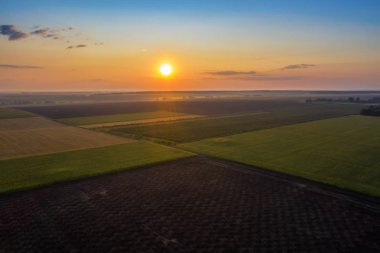 Galler'de yaz aylarında ekili tarım arazileri ve tarlalarıhavadan drone görünümü,