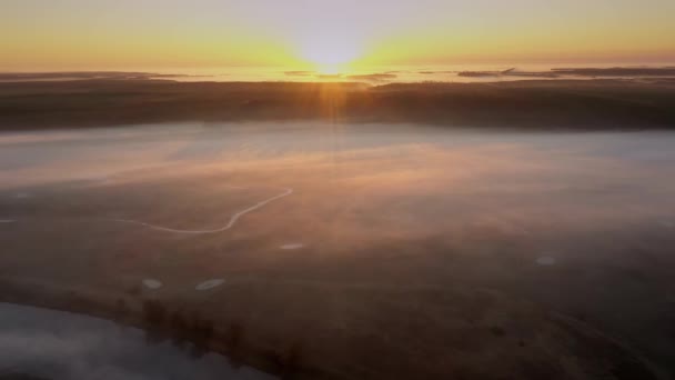 Punto di vista aereo 4K. Mattina soleggiata e nebbiosa sul fiume — Video Stock