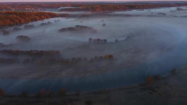 Punkt widzenia z lotu ptaka. Słoneczny i mglisty poranek nad rzeką — Wideo stockowe