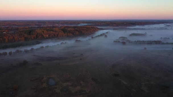 4k空中观点。 大雾蒙蒙的晨曦笼罩着大河 — 图库视频影像