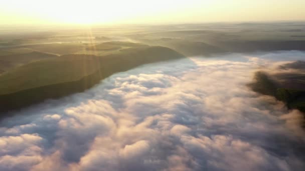 Aerial view of fields on a hill above the clouds, Aerial view of Fog over the river at sunrise, thick fog over the river aerial, fog over the Dniester, — Stock Video