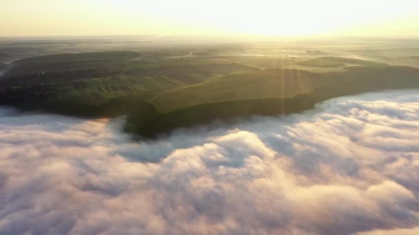 Vista aérea dos campos em uma colina acima das nuvens, vista aérea da névoa sobre o rio no nascer do sol, nevoeiro grosso sobre a antena do rio, nevoeiro sobre o Dniester , — Vídeo de Stock