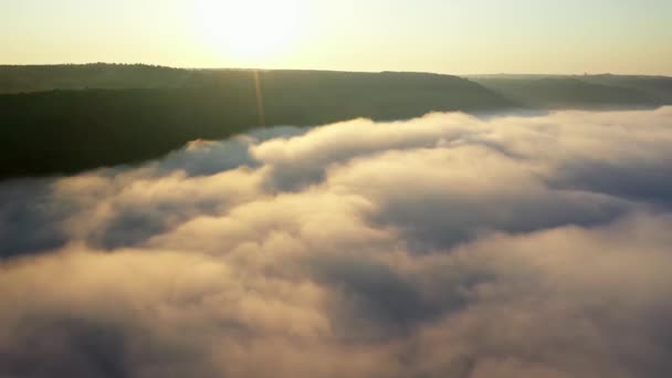 Vista aérea dos campos em uma colina acima das nuvens, vista aérea da névoa sobre o rio no nascer do sol, nevoeiro grosso sobre a antena do rio, nevoeiro sobre o Dniester , — Vídeo de Stock