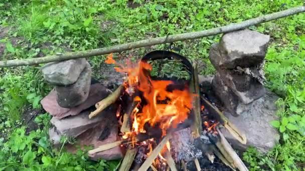 Bir demlik sıcak çay ya da yemek ateşin üzerinde ısıtılır. Açık hava seyahati. Kampta sıcak yemek pişir. — Stok video