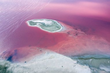 . Pembe göl ve kumsalın havadan görünüşü. Ukrayna