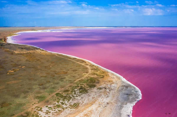 . Aerial view of pink lake and sandy beach. Ukraine — Stock Photo, Image