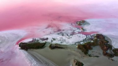 Tuzlu deniz suyunun havadan görünüşü Pembe plankton renginde buharlaşma göletleri
