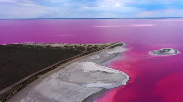 Luchtfoto van zoutwaterverdampingsvijvers met roze planktonkleur. Meer in het roze — Stockvideo