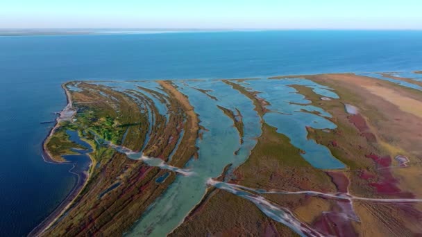 Vista aérea da estepe de outono na ilha ao pôr do sol, vista aérea da ilha de Dzharylgach no outono, vista aérea dos lagos perto do mar, vista aérea dos lagos na ilha ao pôr do sol — Vídeo de Stock