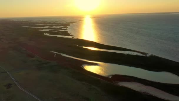 Flygfoto över hösten stäpp på ön vid solnedgången, antenn utsikt över Dzharylgach ön på hösten, antenn utsikt över sjöarna nära havet, antenn utsikt över sjöar på ön vid solnedgången — Stockvideo