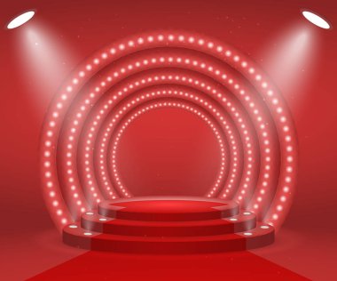 Ödül töreni için sahne ışıkları ile. Kırmızı halı ile aydınlatmalı yuvarlak podyum. Kaide