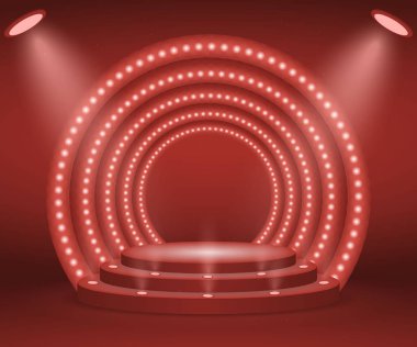 Ödül töreni için sahne ışıkları ile. Işıklı yuvarlak podyum. Kaide