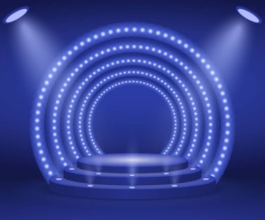 Ödül töreni için sahne ışıkları ile. Işıklı yuvarlak podyum. Kaide