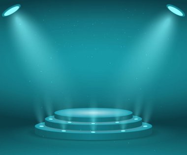 Ödül töreni için sahne ışıkları ile. Işıklı yuvarlak podyum. Kaide