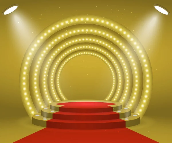 Stage Lights Awards Ceremony Illuminated Podium Red Carpet Pedestal — Stock Vector