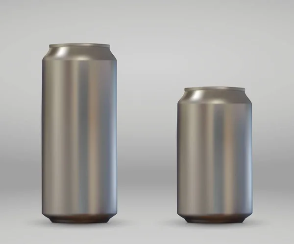 Realistic Blank Aluminium Can Metallic Beer Soda Pack Mockup White — Stock Vector
