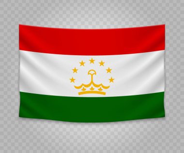Tacikistan bayrağı gerçekçi asılı. Boş kumaş banner illüstrasyon tasarımı.