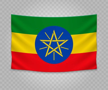 Etiyopya bayrağı gerçekçi asılı. Boş kumaş banner illüstrasyon tasarımı.