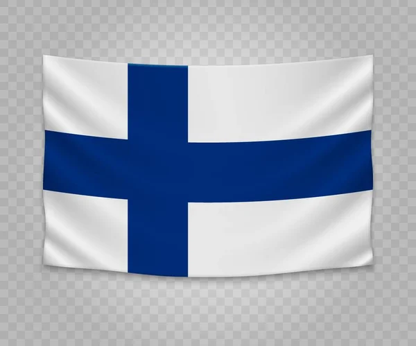 Finnország Zászlaja Reális Függő Üres Szövet Bannert Ábra Tervező — Stock Vector