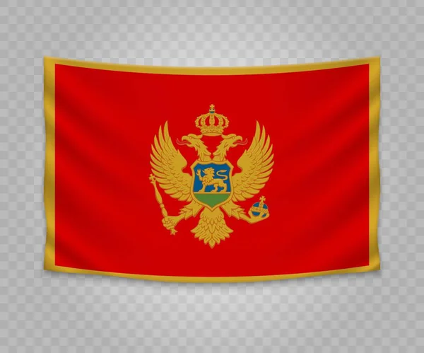 Montenegró Zászlaja Reális Függő Üres Szövet Bannert Ábra Tervező — Stock Vector